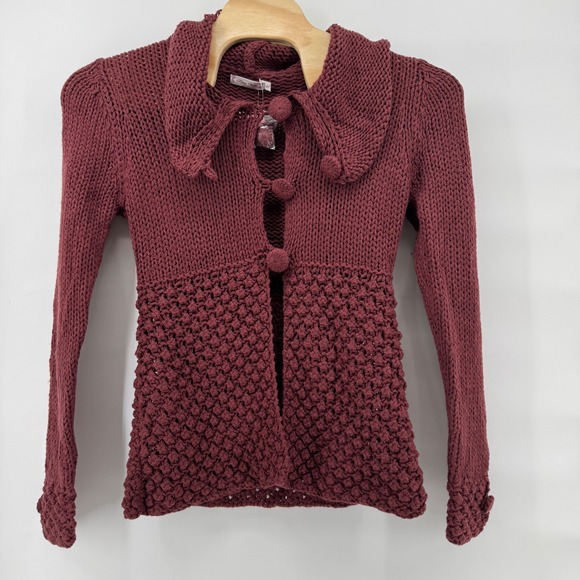 Prima Bella Sweaters - Prima Bella Cardigan Sweater‎ Women Med Burgundy Chunky Knit Popcorn Whimsigoth